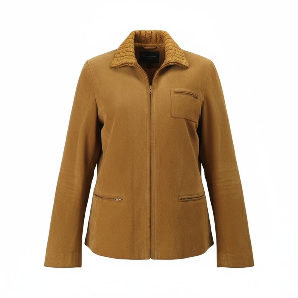 $398 Ellen Tracy Jacket Women's 6 Acorn Tan Knit Wool Blend Leather Full Zip
